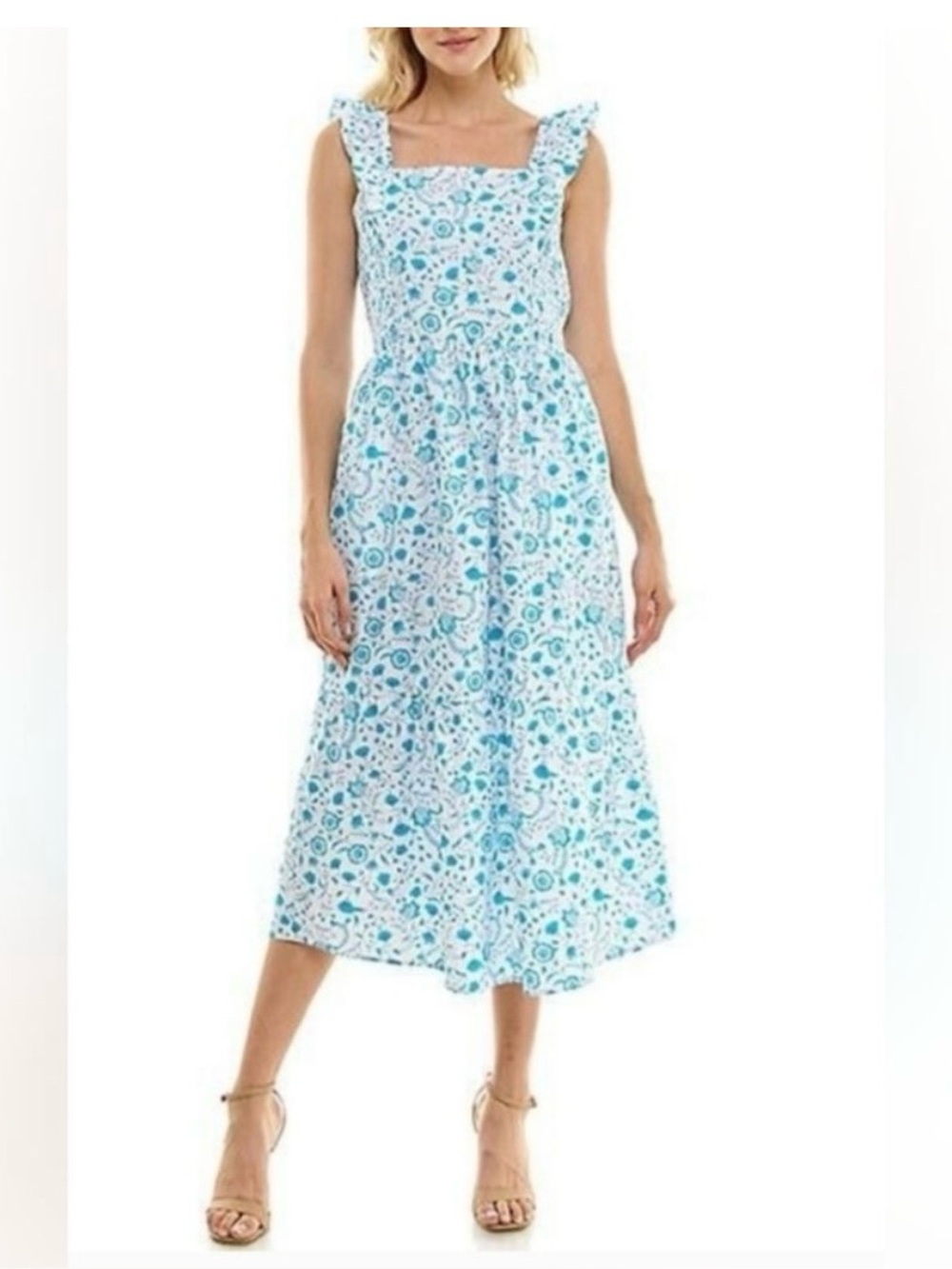 Draper James ruffle shoulder ocean blue and white floral womens midi dress